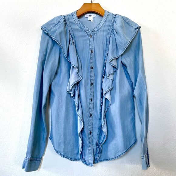 PAIGE Chambray Button Down Shirt Light Blue Denim with Ruffle Trim size XS - Picture 1 of 7